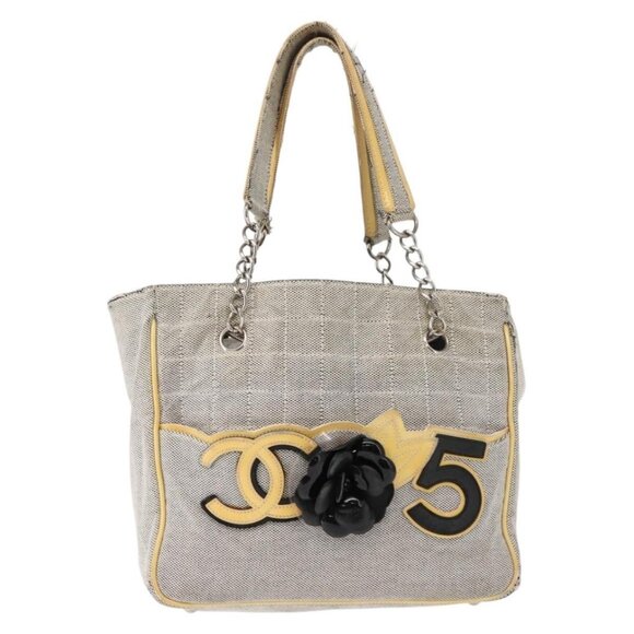 CHANEL Choco Bar Camellia Chain Tote Bag Canvas Gray Silver CC Auth - Picture 2 of 16